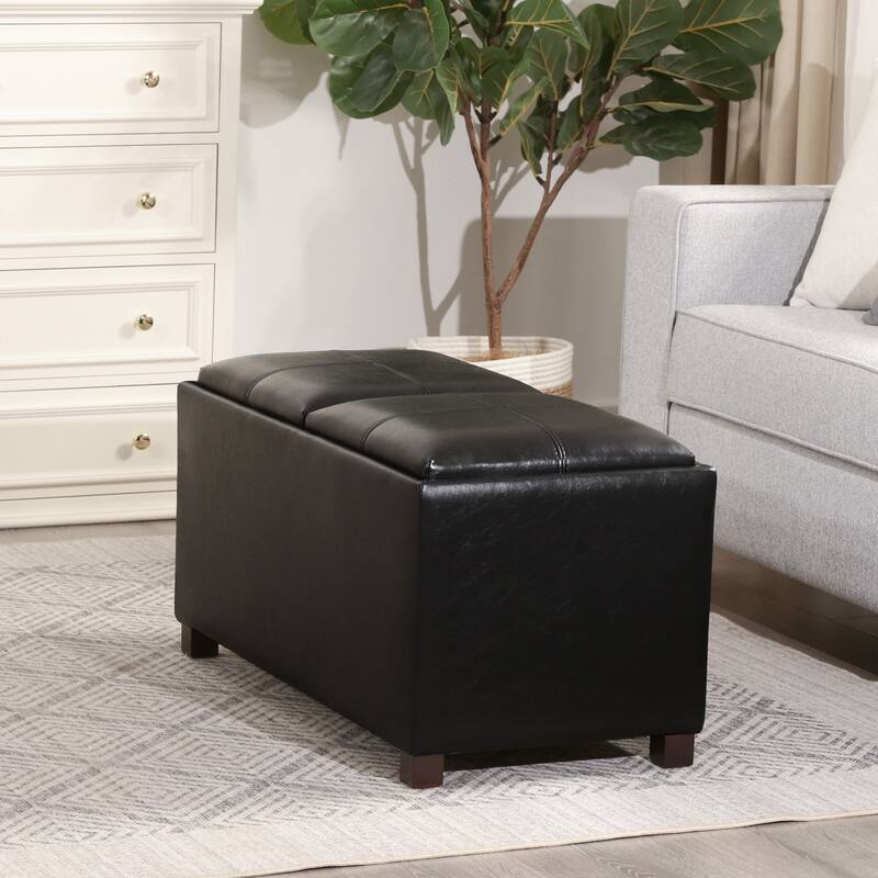 Adeco Rectangle Faux Leather Storage Ottoman with Dual Flip-Top Trays - 31.1"X15.4"X15.7