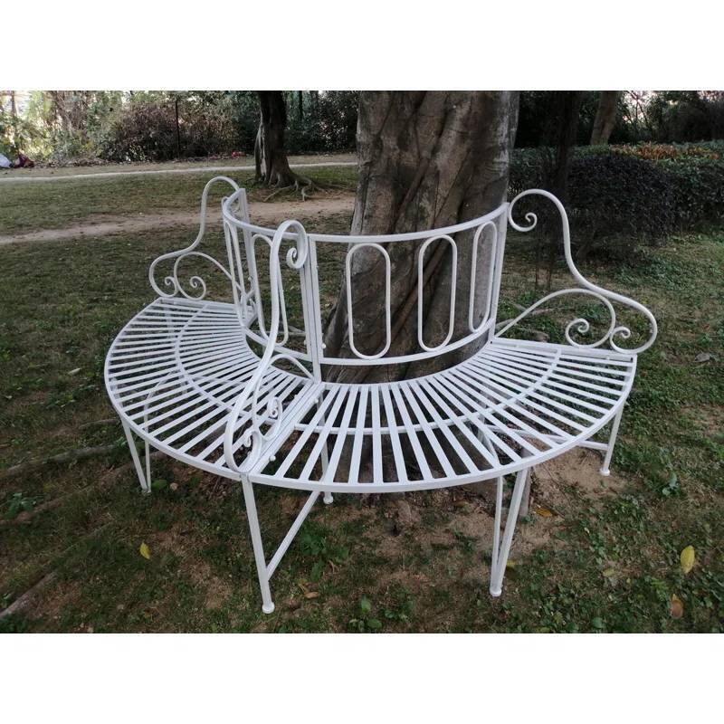 White Powder-Coated Aluminum Half-Circle Patio Garden Tree Bench - 34.25” D x 68.9” W x 93.98” H - White