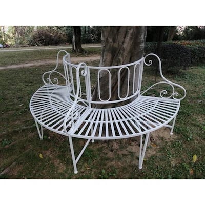 White Powder-Coated Aluminum Half-Circle Patio Garden Tree Bench - 34.25” D x 68.9” W x 93.98” H