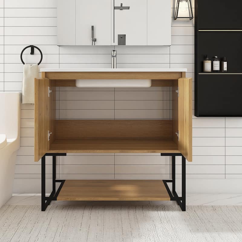 Freestanding Bathroom Vanity Set in Oak with Integrated Solid Surface Sink