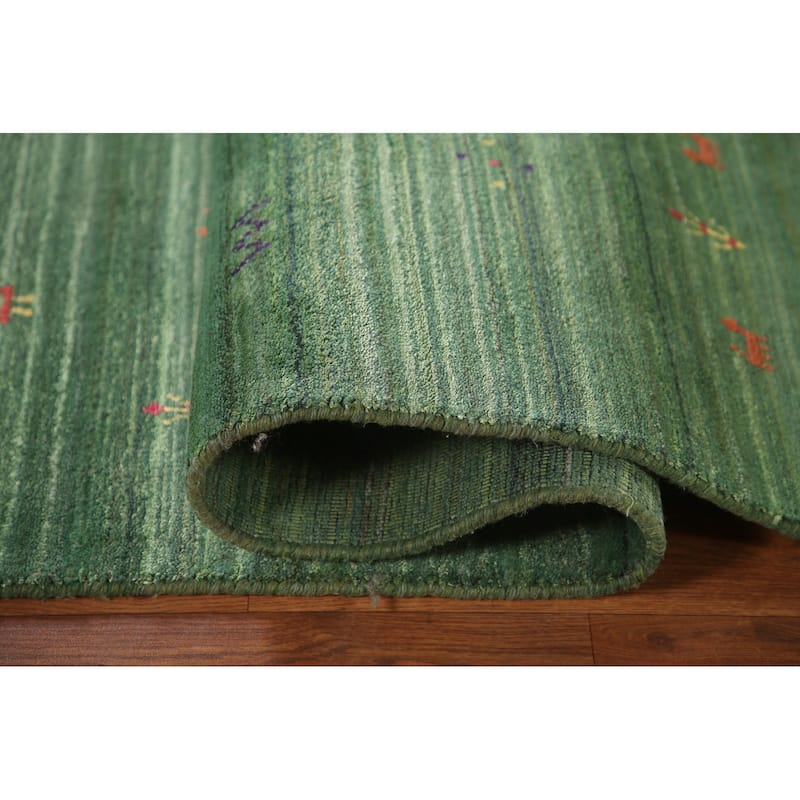 Striped Green Gabbeh Oriental Area Rug Handmade Silk Carpet - 9'1"x 11'5"