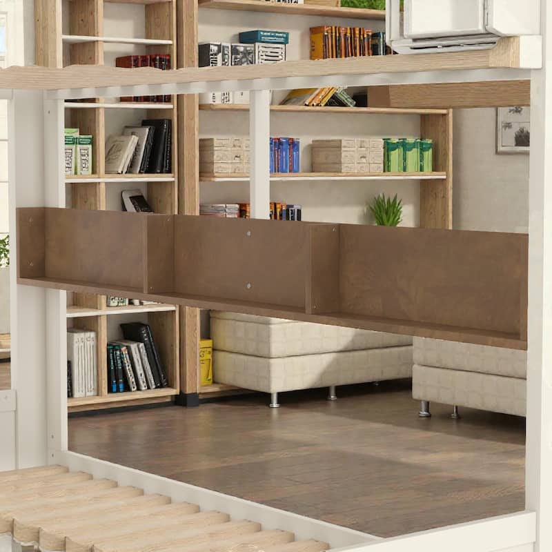 Solid Wood Bunk Bed with Trundle and Storage Shelves, Full Over Full/Queen Over Queen Bunk Bed with Hooks