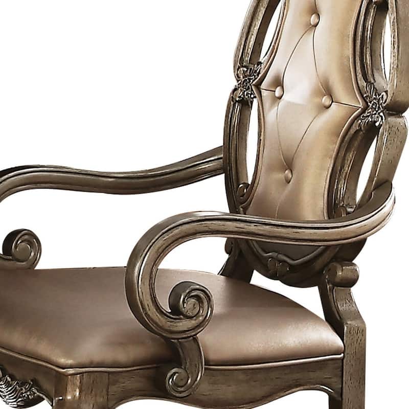 HomeRoots Set of Two Tufted Oak Upholstered Faux Leather And Solid Wood Dining Arm Chairs - 23.00 in. x 43.00 in. x 26.00 in.