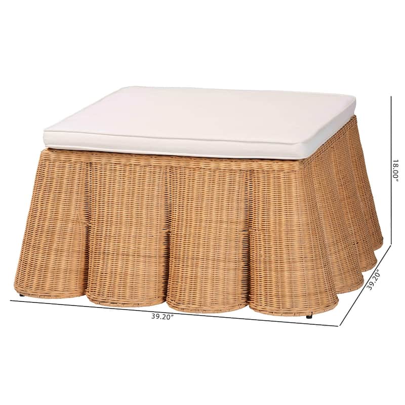 Palm Scallop Natural Rattan Ottoman with Cushion – Handwoven Wicker Accent Bench or Footrest for Living Room or Sunroom, Square
