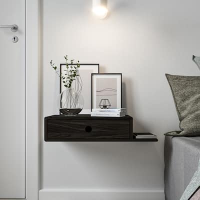 Floating Beech Wood Nightstand with Right Shelf