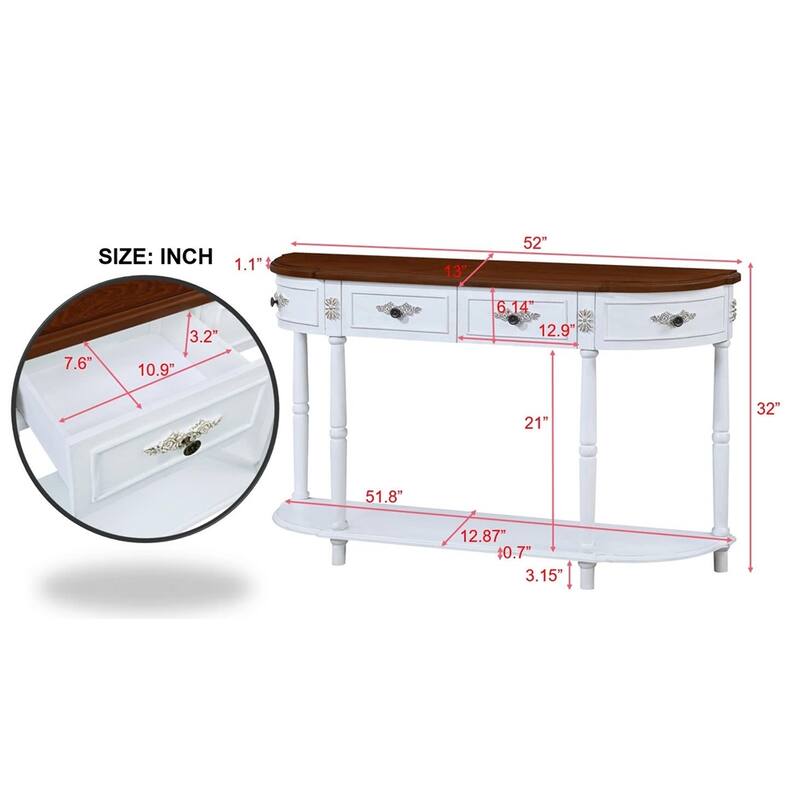 Living Room Hallway Retro Curved Wood Console Table Sofa Table with Shelf and 2 Drawers