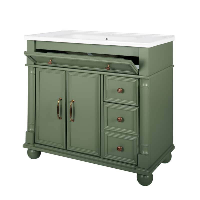 28"/36" Bathroom Vanity with Sink, Integrated Ceramic Basin Vanity Cabinet with Roman Column Base, Solid Wood Frame