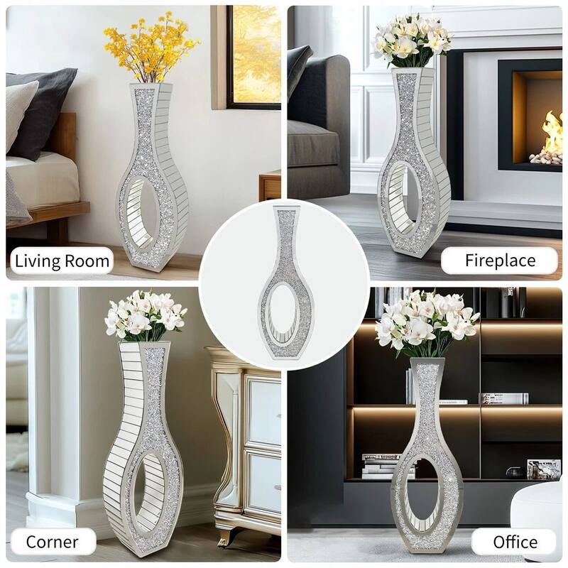 Tall Mirror Floor Vase with Silver Crystal Diamond Accents for Faux Flowers