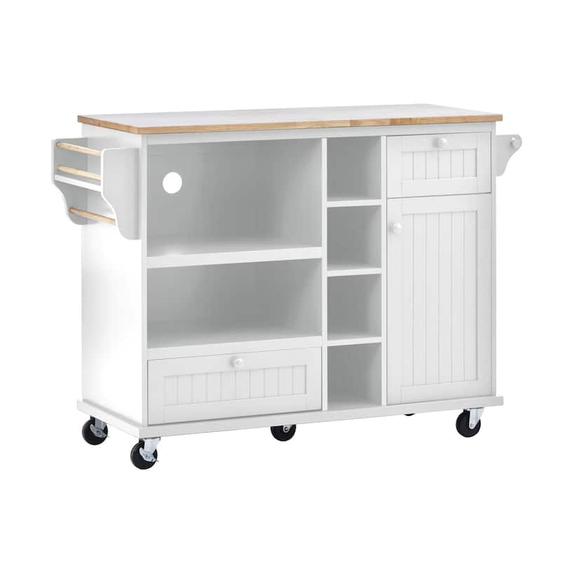 Rubberwood Kitchen Cart with Microwave Storage Rack, Exterior Shelves, and Two Drawers