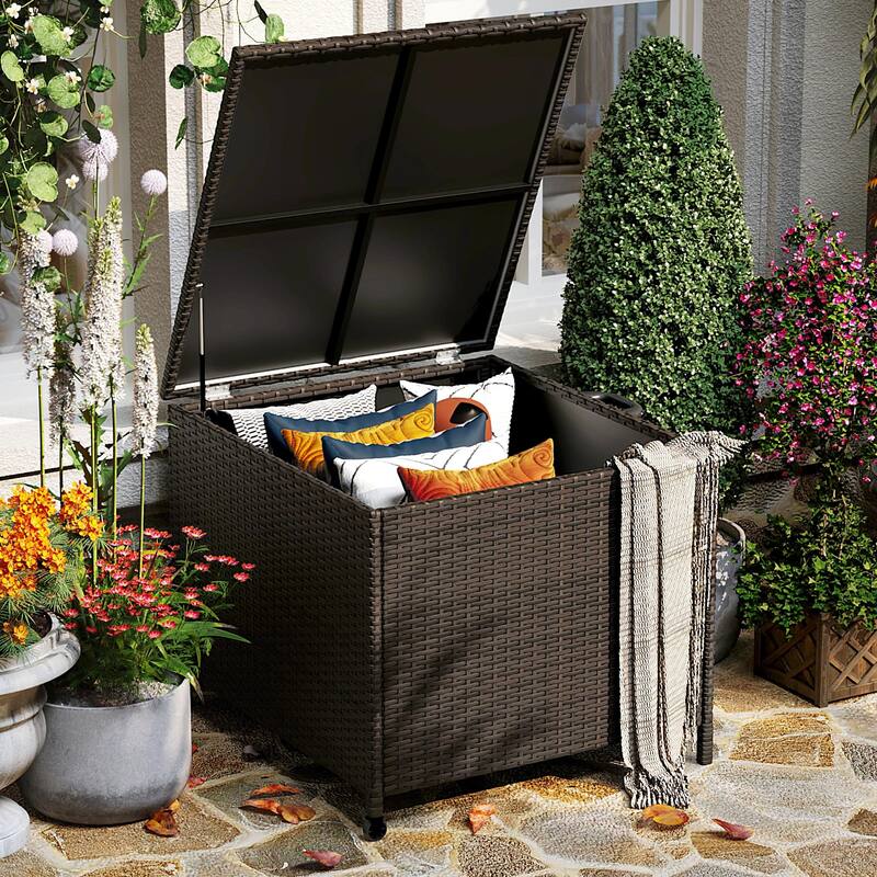 Outdoor Storage Box, 80 Gallon Rattan Deck Box with Support Frame and Wheels - 80 Gallon
