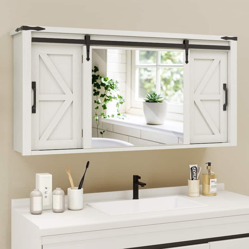 Moasis Bathroom Medicine Cabinet Wall Mounted Storage Organizer with Mirror and Sliding Barn Door