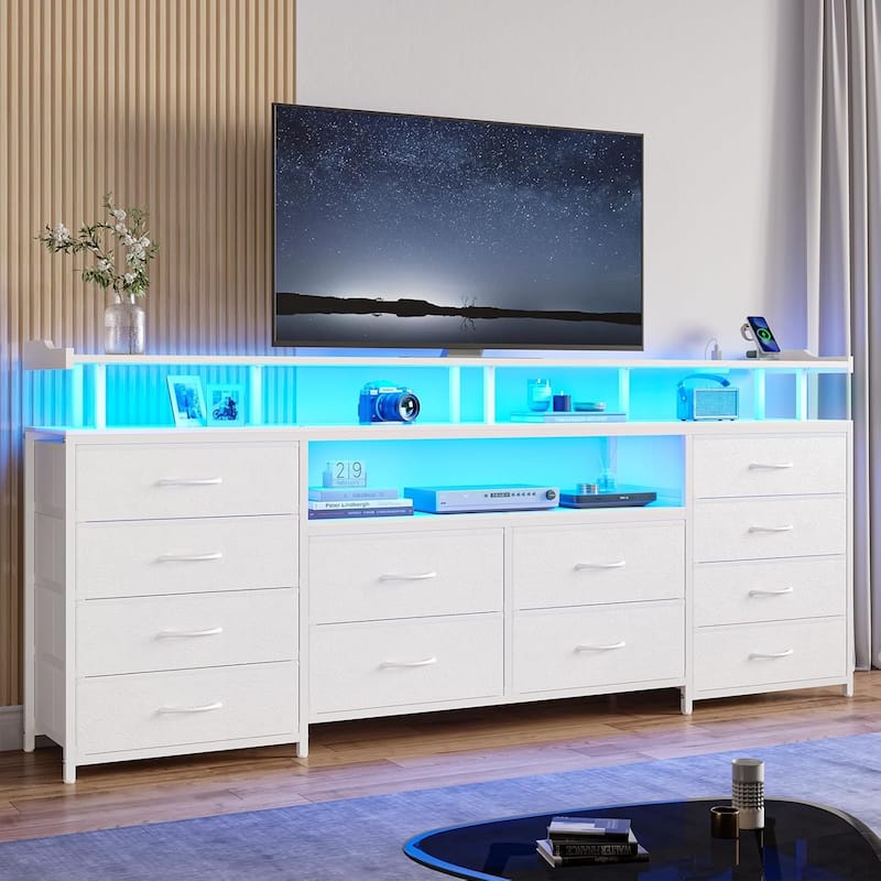 TV Stand 65 70 Inches TV LED Lights Power Outlets Storage Drawers - 12 Drawers - White