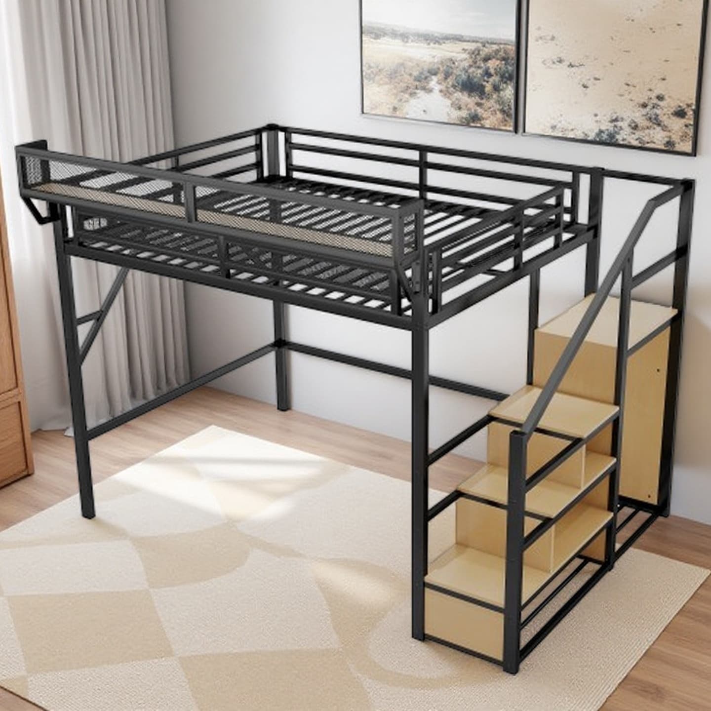 Full-Size Metal Loft Bed with Staircase, Built-In Storage Shelves, Wardrobe, and High Guardrail