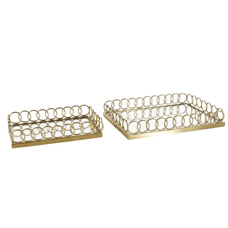 Gold Stainless Steel Metal Mirrored Geometric Living Room Decor Tray with Wire Rod Frame and Mirrored Glass Interior (Set of 2)
