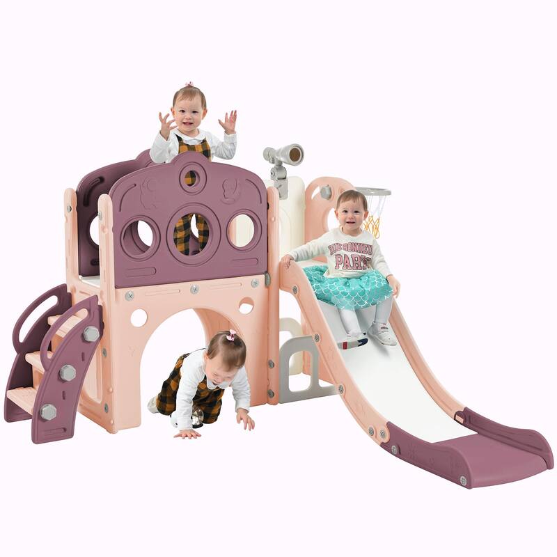 7-in-1 Toddler Slide Set - Spaceship Playset with Slide, Arch Tunnel, Basketball Hoop, and Toy Storage
