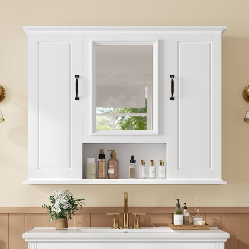 Roomfitters 36" Bathroom Vanity & Mirror Cabinet Set, Textured Solid Wood Frame, Soft-Close Doors & Tip-Out Tray