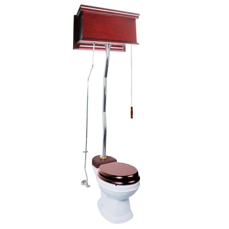 High Tank Toilet - Cherry Wooden Flat High Tank, Round Bowl and Chrome Plated Z Pipe Renovators Supply