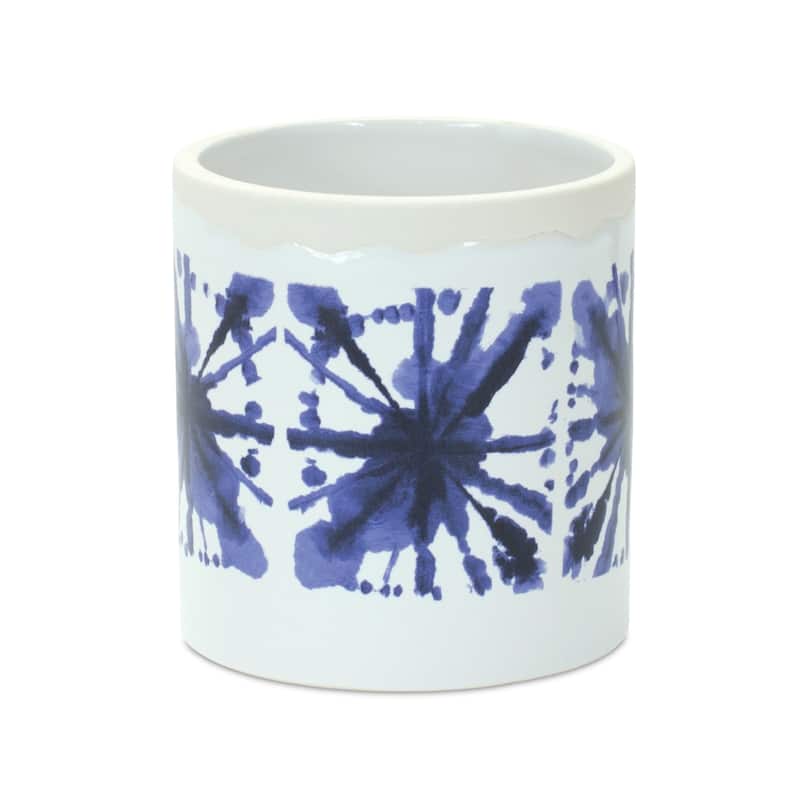 HomeRoots Set of Two White And Blue Ceramic 5 Ounce Abstract Round Pot Planters - 5.50 in. x 6.00 in. x 5.50 in.