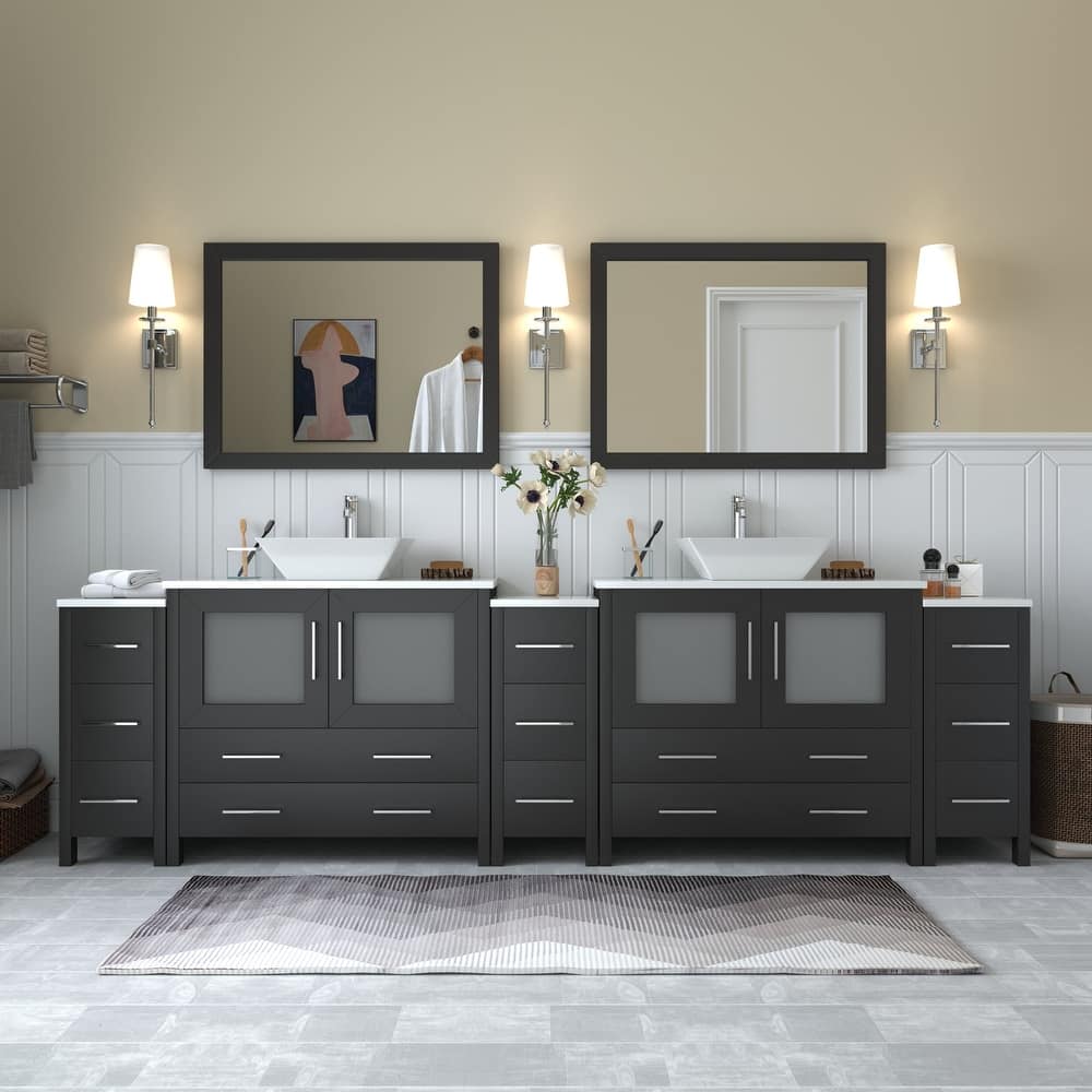 Vanity Art 108" Double Sink Bathroom Vanity Set with Engineered Marble Top and Free Mirrors