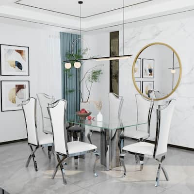 70 inch Clear Tempered Glass Dining Table Set with Leather Dining Chairs