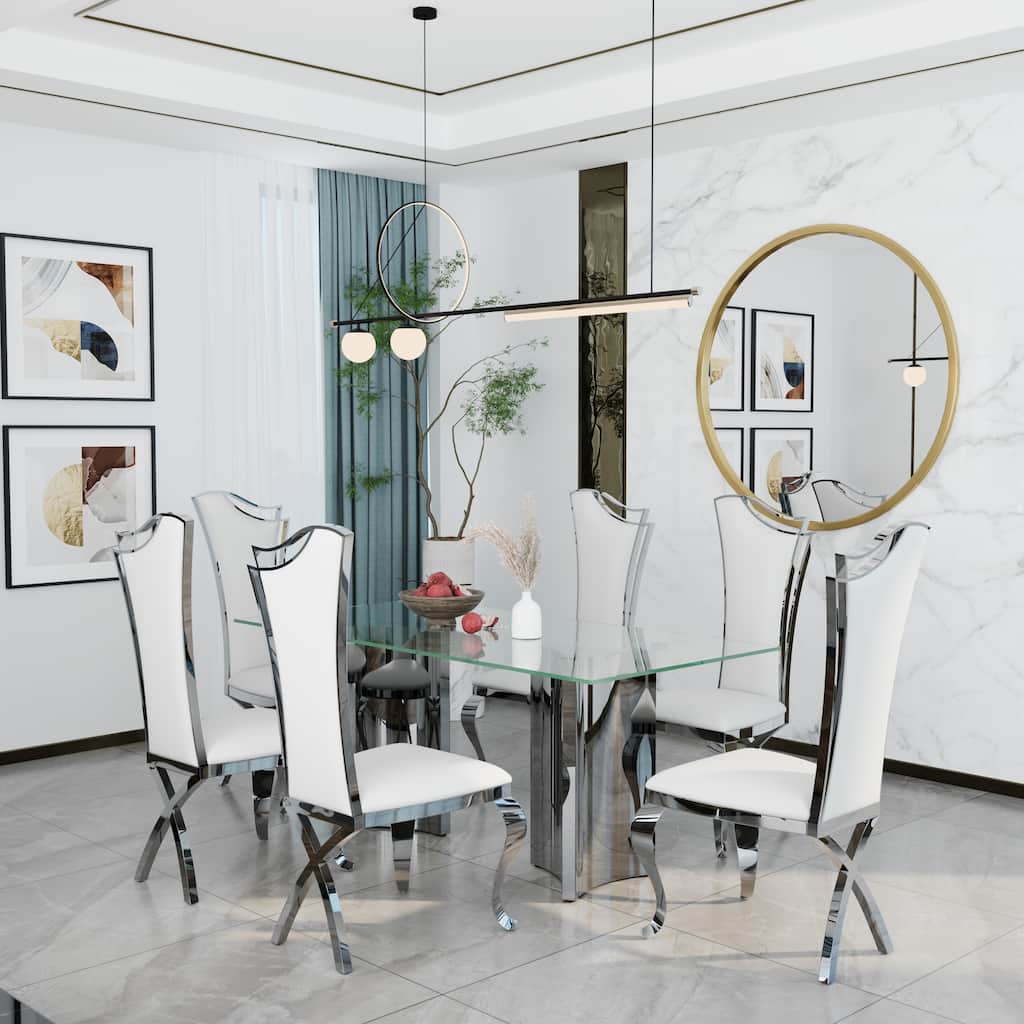 70 inch Clear Tempered Glass Dining Table Set with Leather Dining Chairs