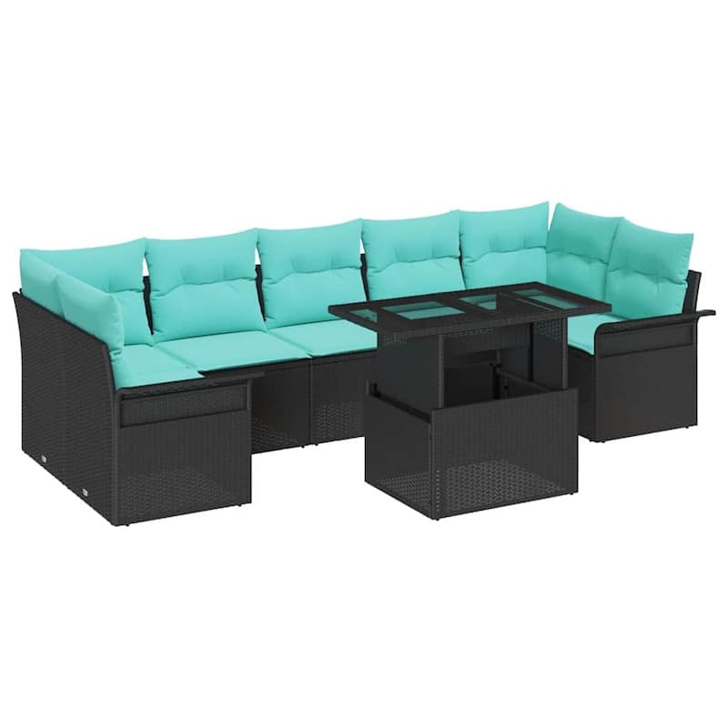 vidaXL 8 Piece Garden Sofa Set with Cushions Black Poly Rattan - 113.8×52.2×27.2