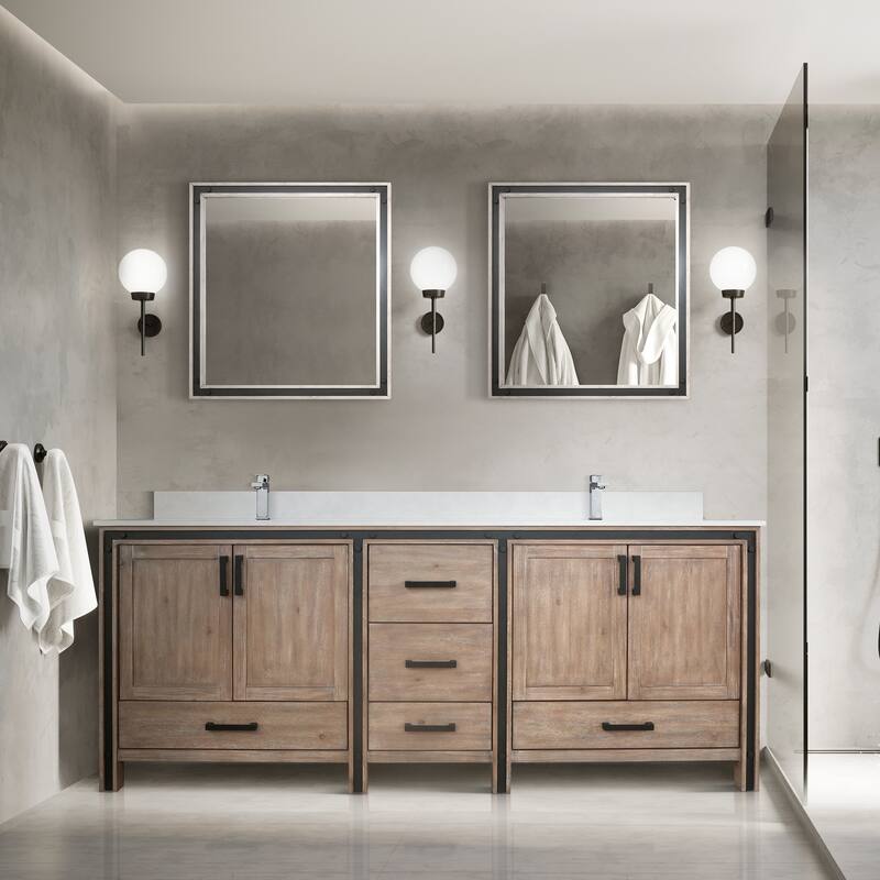 Ziva 84 in W x 22 in D White Double Bath Vanity, White Quartz Top, Faucet Set and 34 in Mirrors - 84 Inch - Rustic Barnwood
