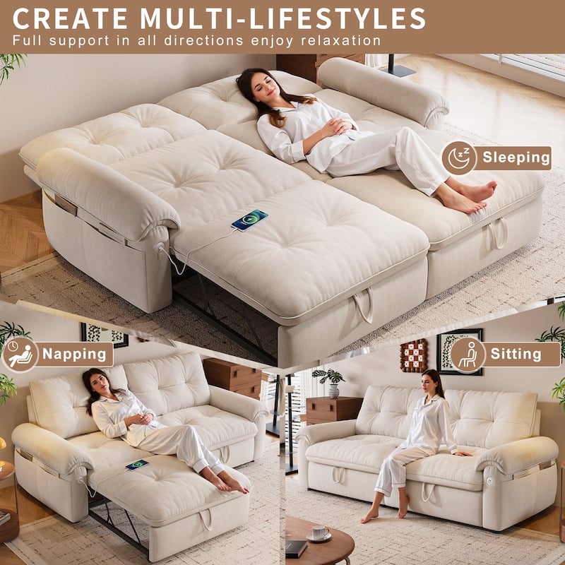 2-in-1 Velvet Pull Out Sleeper Sofa Bed Convertible Loveseat Couch for Sitting, Napping or Sleeping with Side Pockets and USB