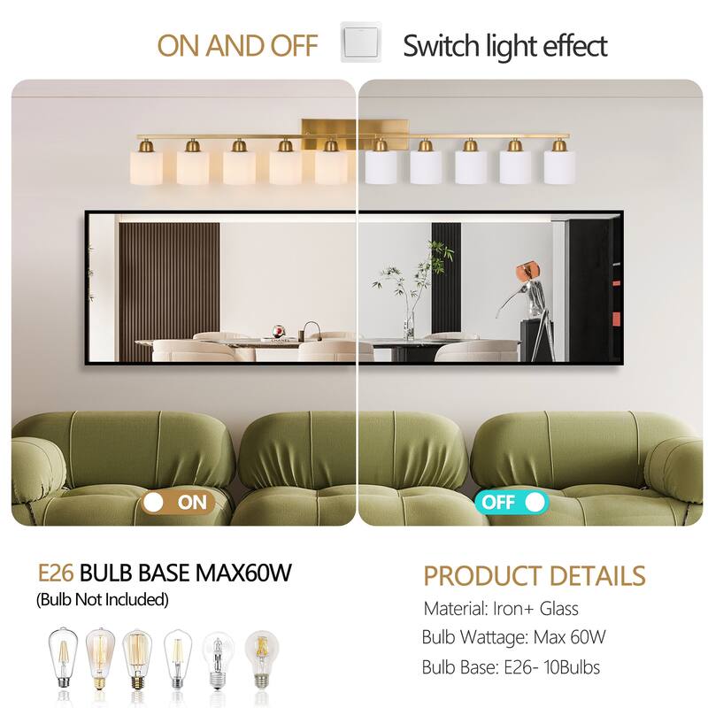 65" Gold Bathroom Vanity Light - Milky Glass - Wall Sconce for Bedroom, Hallway