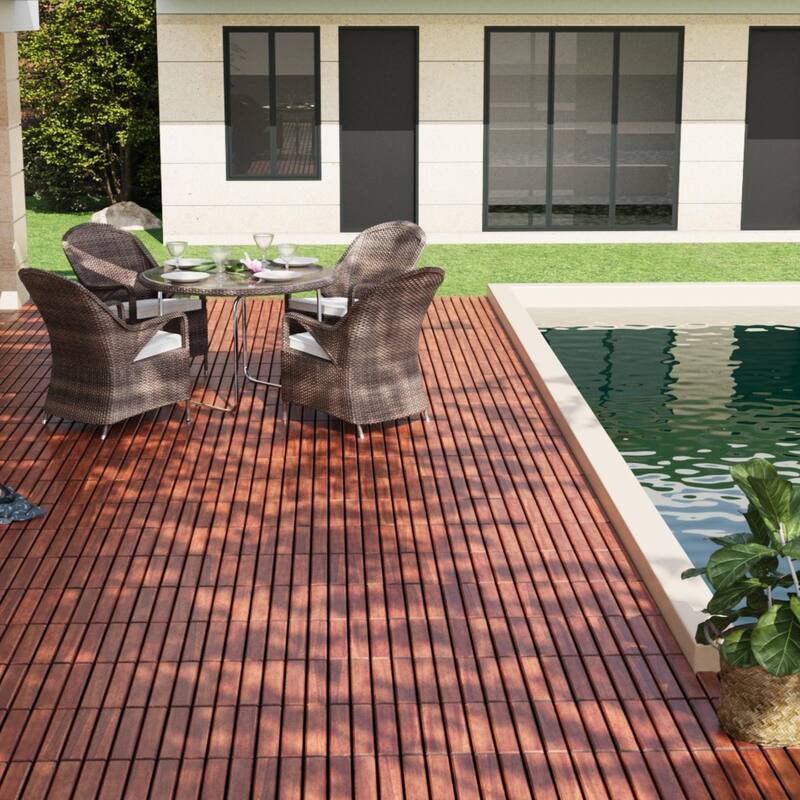 10 PCS Interlocking Deck Tiles Striped Pattern, 12" x 12" Square Acacia Hardwood Outdoor Flooring for Patio,Bancony,Pool Side