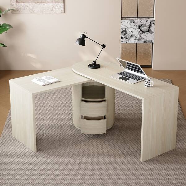 59" Exquisite L-Shaped Desk with 2 Drawers Open Storage, 360掳 Wooden Swivel Desk Corner Executive Desk, Office Study Workstation
