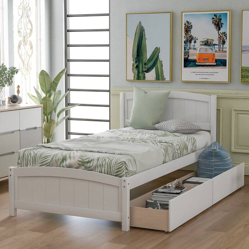 Twin Wood Frame Platform Bed with 2 Drawers - White
