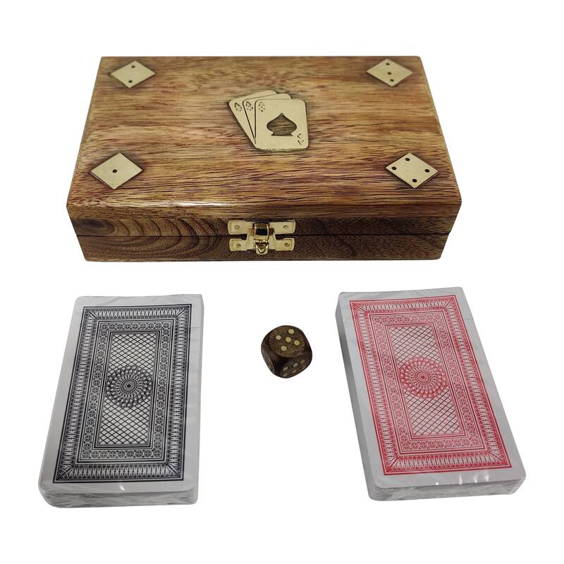 Sagebrook Home's Mango Wood and Brass 7x5 Cards & Dice Box - Artisan Crafted, Brown, Ideal for Home Entertainers - 7" x 5" x 2" - Woodgrain Solid Brown - 7" x 5" x 2"