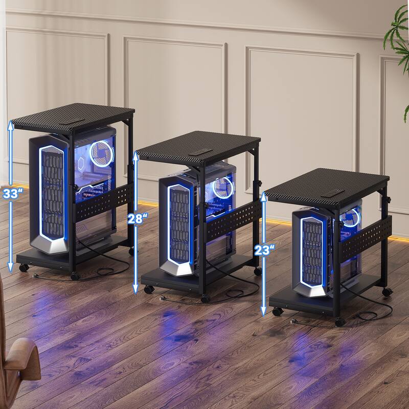 Rolling Computer Stand with Charging Station, Height Adjustable CPU Holder
