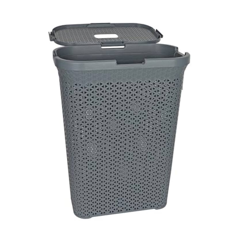YBM Home Plastic Rattan Laundry Hamper Basket with Hinged Lid, 1663-6