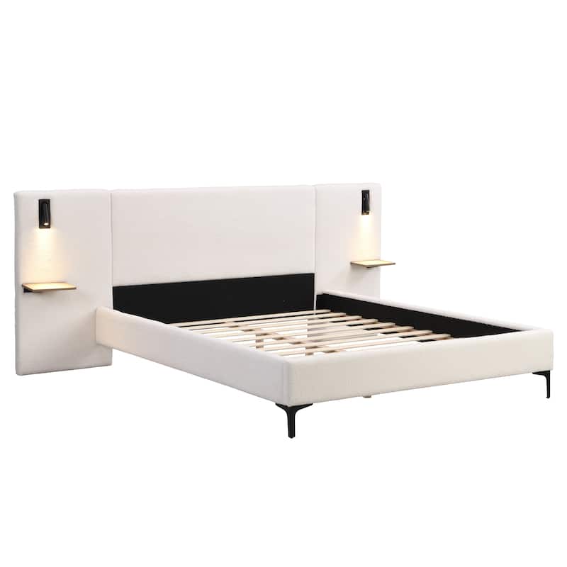 Christopher Knight Home - Elise Queen Boucle Upholstered Bed with Integrated Lights and Shelves