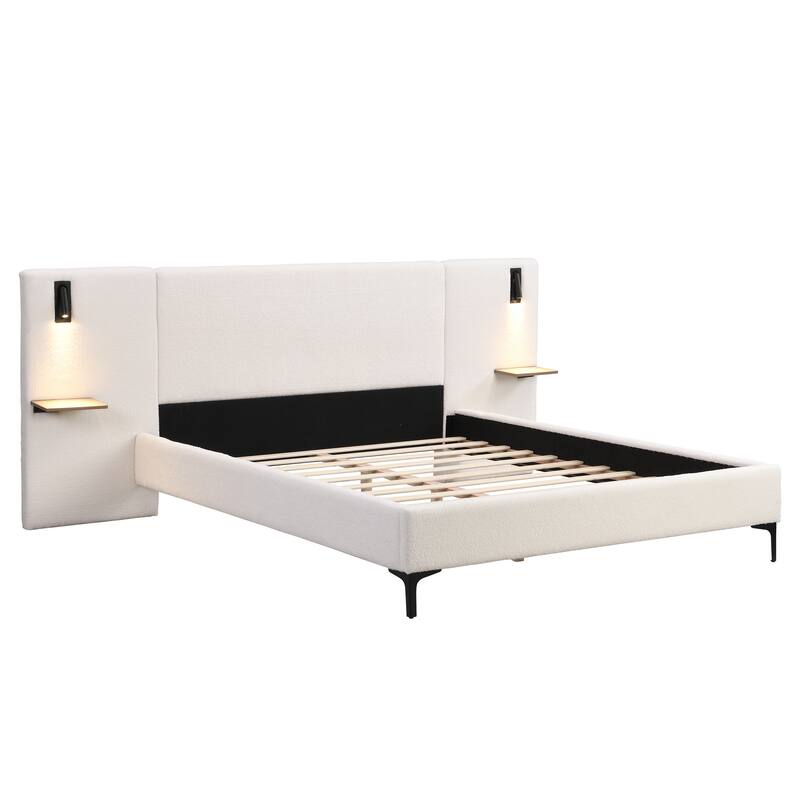 Platform Bed Frame with Integrated Lights, Upholstered Bed Frame with Headboard, Wood Slat Support, No Box Spring Needed
