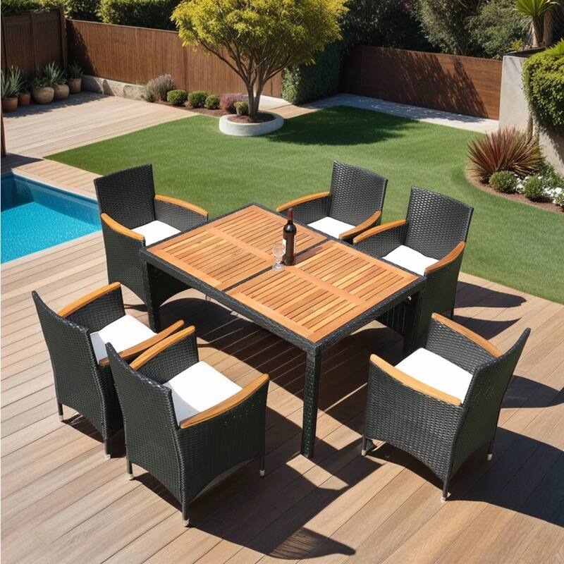 7 Pc Outdoor Patio Wicker Dining Set w/Acacia Wood Top Conversation Set for Lawn, Garden, Backyard - Black