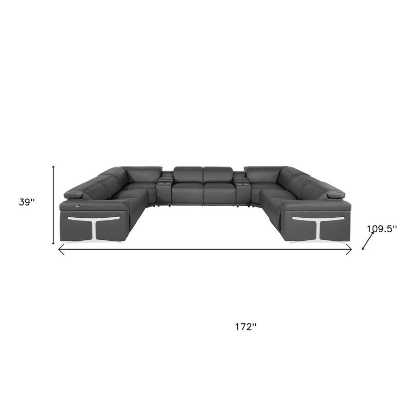 HomeRoots Dark Gray Italian Leather Power Reclining U Shaped Ten Piece Corner Sectional With Console