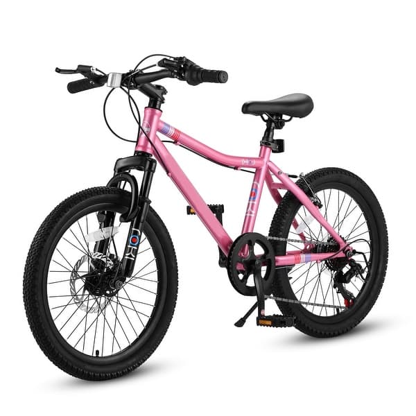 slide 2 of 21, 20 Inch Kids Mountain Bike, 14 Inch Height Carbon Steel Frame, 7-Speed With Front Disc Brake And Rear V-brake Pink