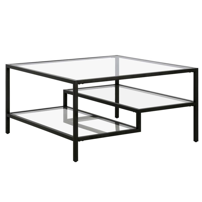 32-Inch Glass Square Coffee Table with Steel Base and Storage Shelves - 32” x 32” x 17”