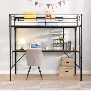 Metal Twin Loft Bed with Desk, Storage Shelves, Ladders, and Safety Barriers