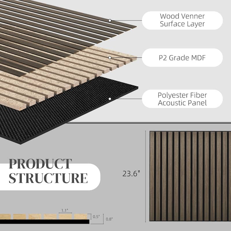 HOMCOM 4 Pack 3D Faux Wood Wall Panels, 24" x 24" Sound Absorbing Acoustic Panels, Wood Slat Wall Panels for Interior Wall Decor