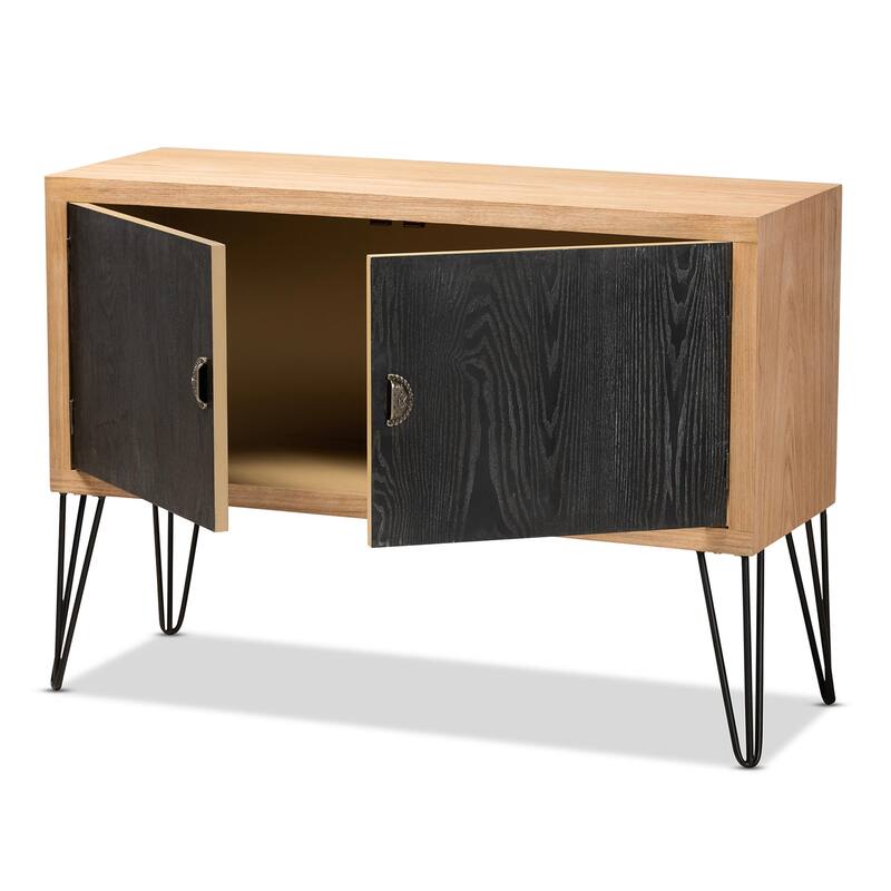 Modern Two-Tone Walnut and Black Wood Storage Cabinet - Stylish Organizer with Metal Legs and Door Handles