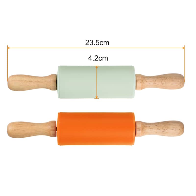 Silicone Rolling Pins for Baking Wood Handle 23.5cm x 4.2cm Light Green & Orange - Light Green & Orange - Light Green & Orange
