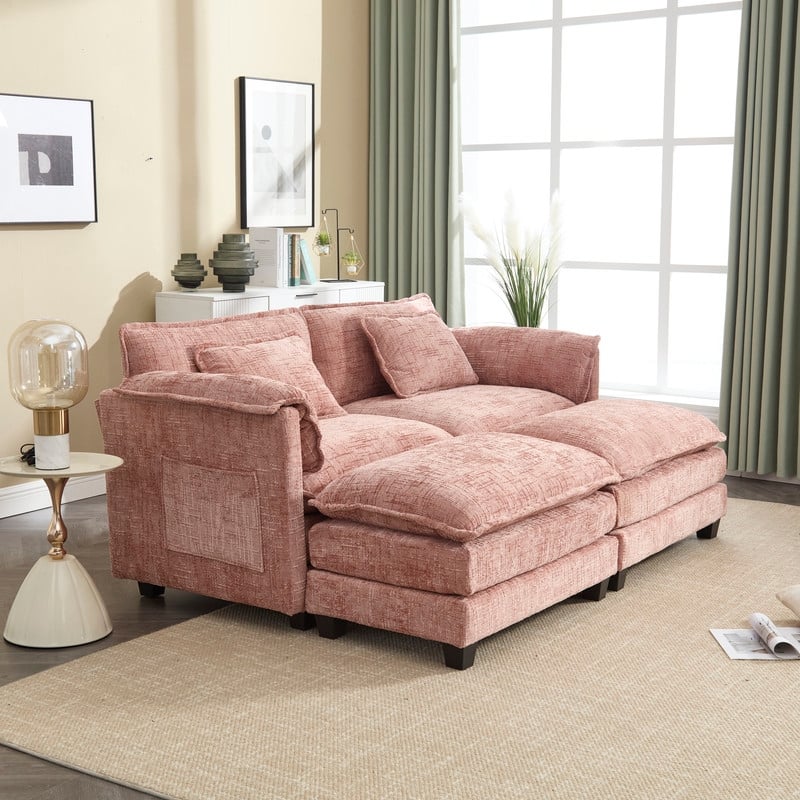 76.77" Chenille Upholstered Sofa with 2 Ottomans