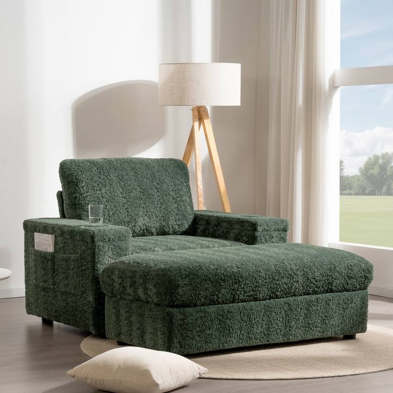 Oversized Upholstered Sleeper Chair Sofa Bed with Storage Ottoman and Armrests,Cup Holders - Green