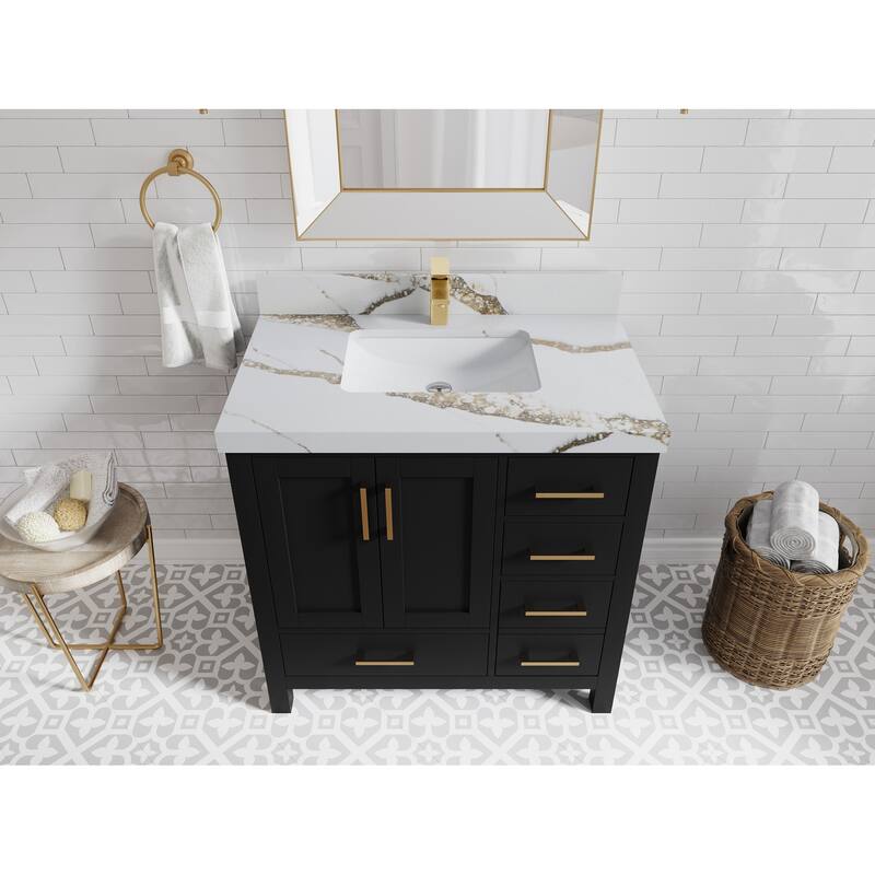 Willow Collections 36 in. W x 22 in. D Malibu Center Sink Left Bathroom Vanity with Countertop - 2" Calacatta Gold - Black