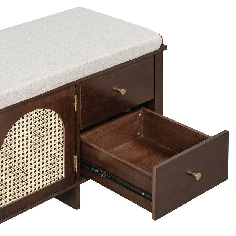 Wood Frame Bench with Shoe Storage, Shoe Bench with Rattan Arched Door and 2 Drawers Entryway Fabric Upholstered Bench