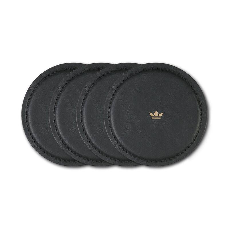 Set of 4 Black Leather Coasters Dia 3.9" - Black - Black